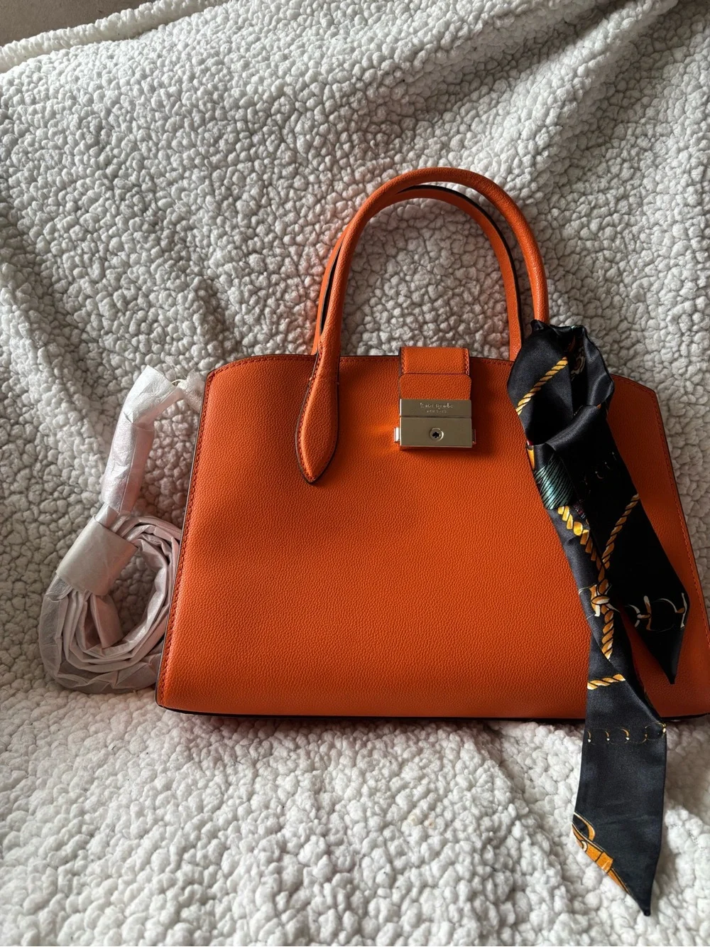 kate spade orange leather top-handle satchel with scarf accent